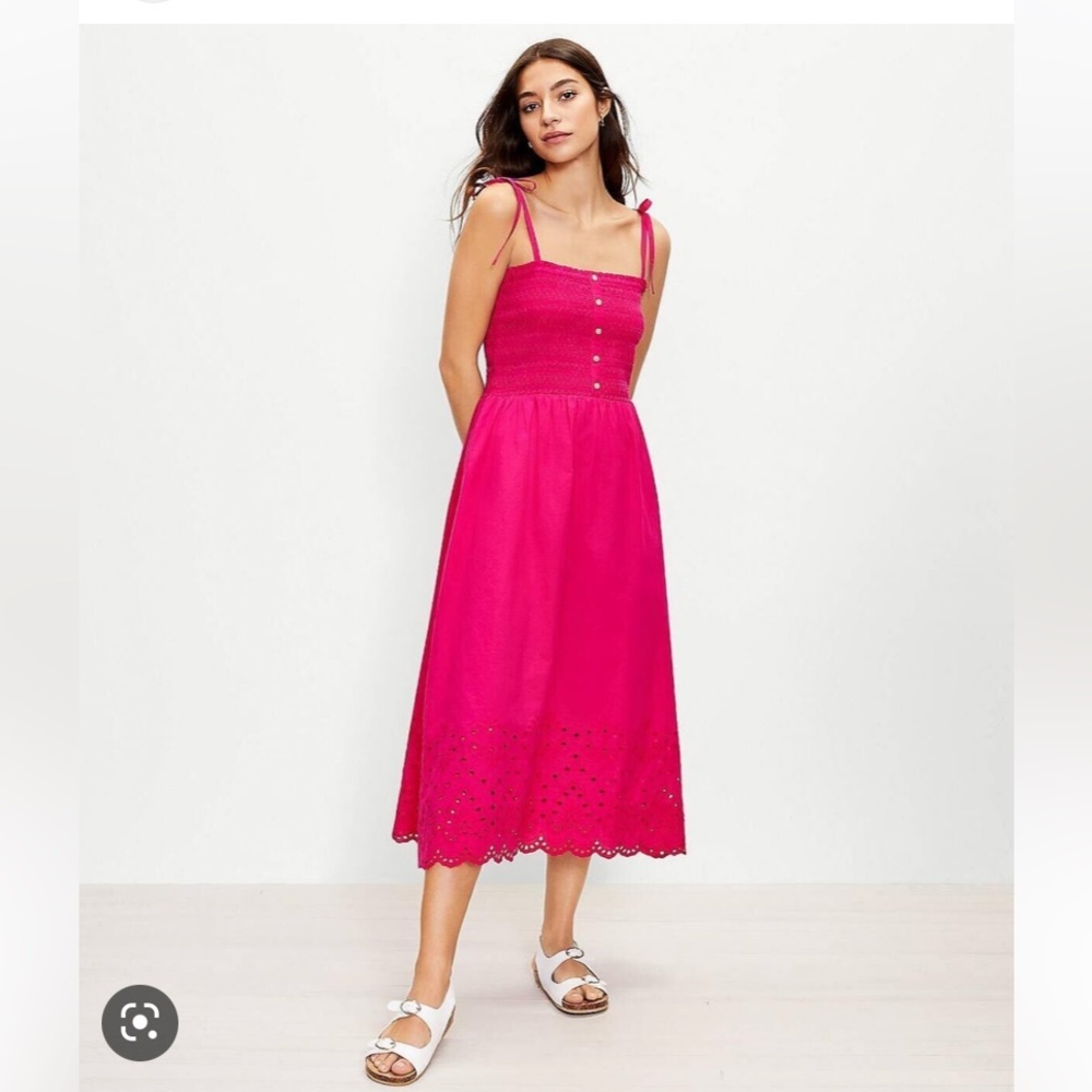 LOFT Eyelet Smocked Strappy Midi Dress Peppermint Pink Small